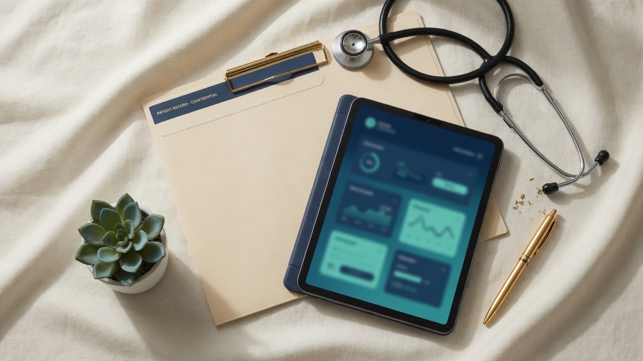 Escritorio médico con estetoscopio, carpeta y tableta.