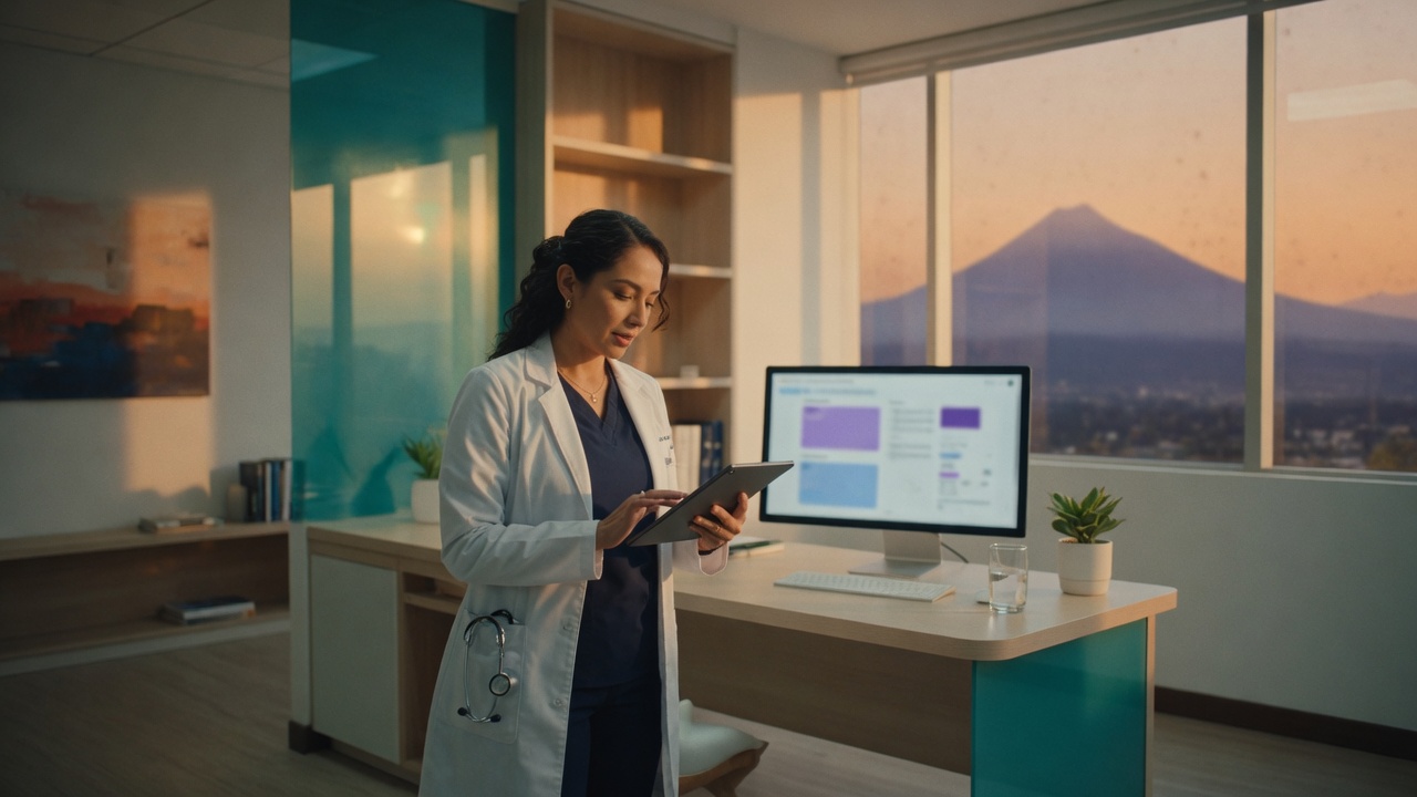 Médica en un consultorio moderno de Ciudad de Guatemala al atardecer, con el volcán al fondo.