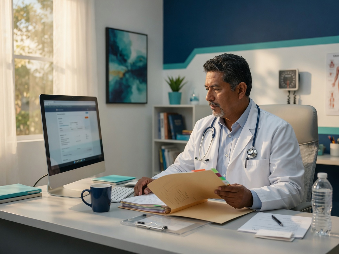 Médico general revisando un expediente en su escritorio.