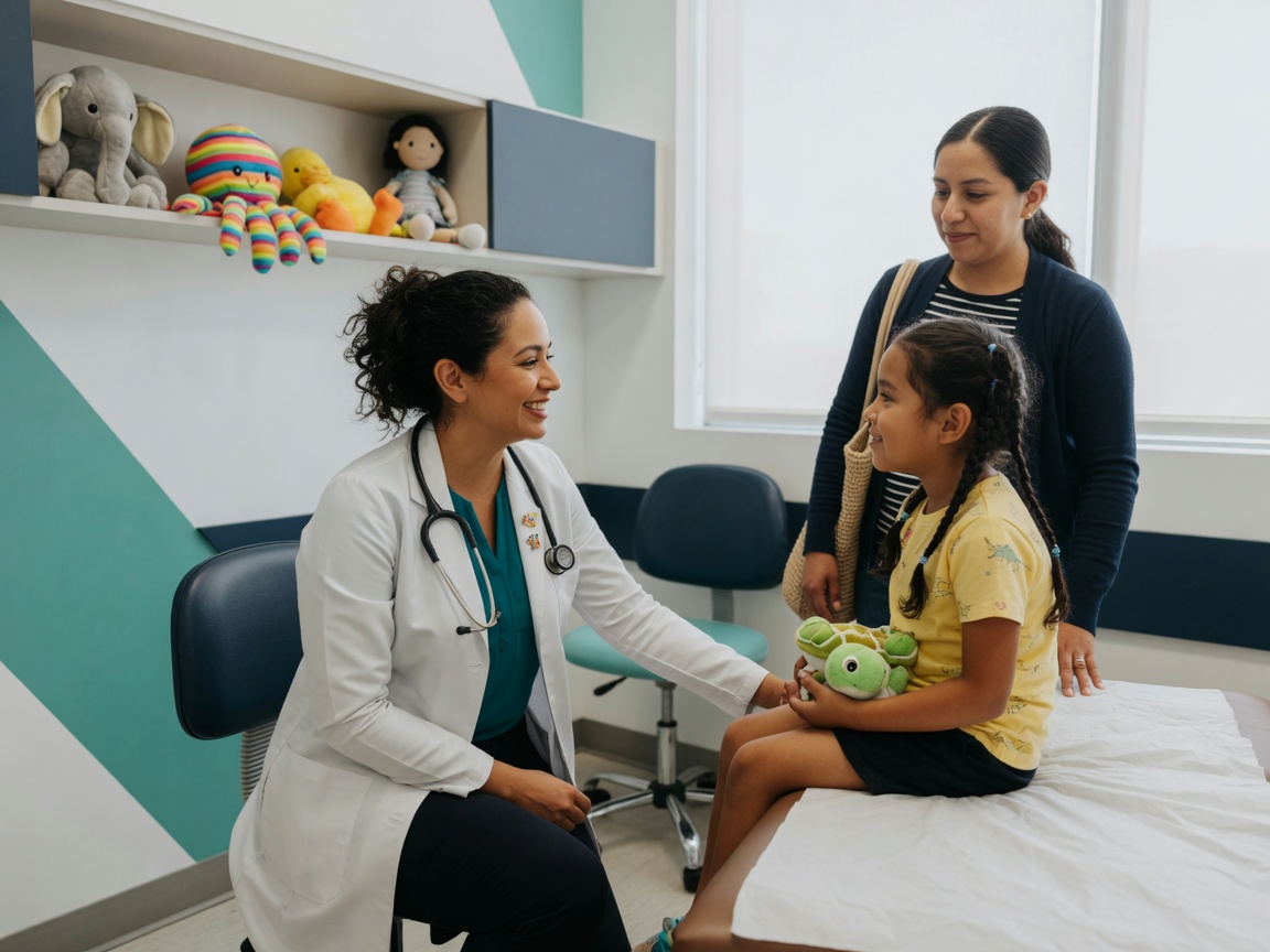Pediatra conversando con una niña y su madre en el consultorio.