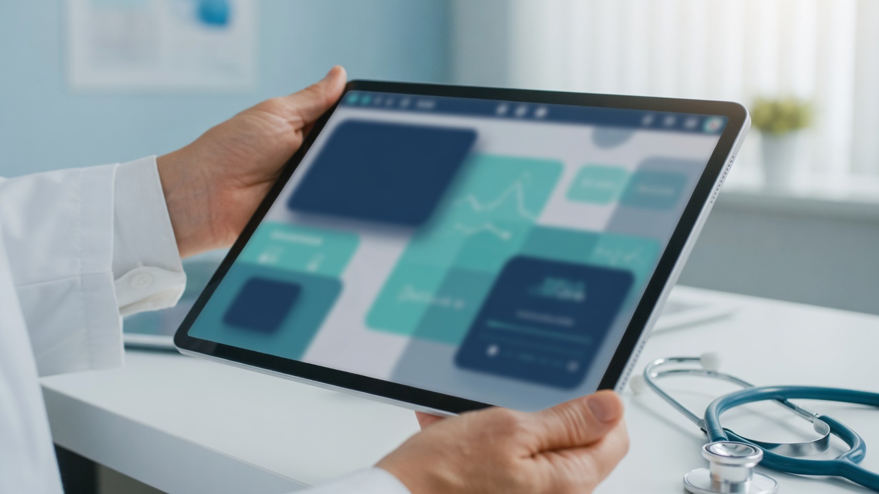 Manos de un médico sosteniendo una tableta con la plataforma clínica.