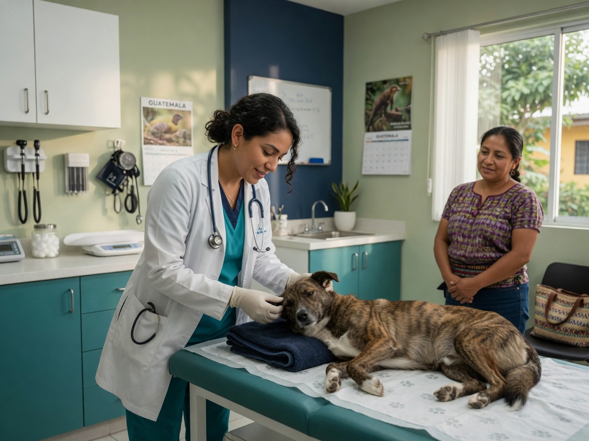 Médica veterinaria atendiendo a un perro en consulta.